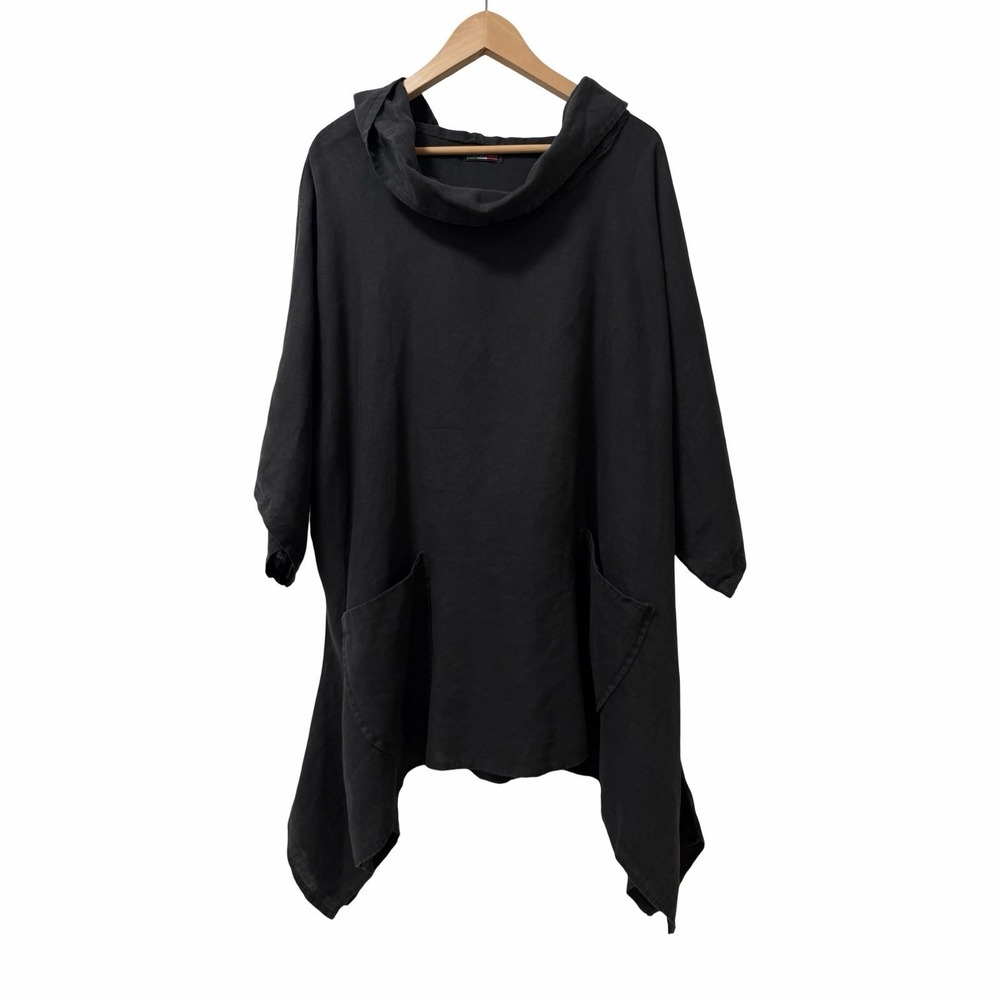 Made In Italy 100% Linen Hooded Mini Dress Size M/L Black Lagenlook Beach Vacay